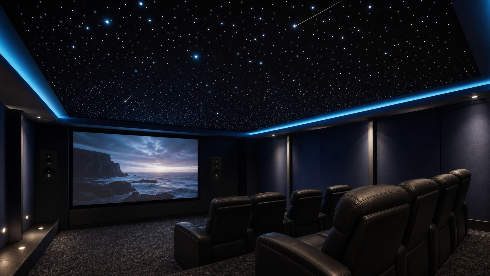 Home cinema with fibre-optic starlight ceiling