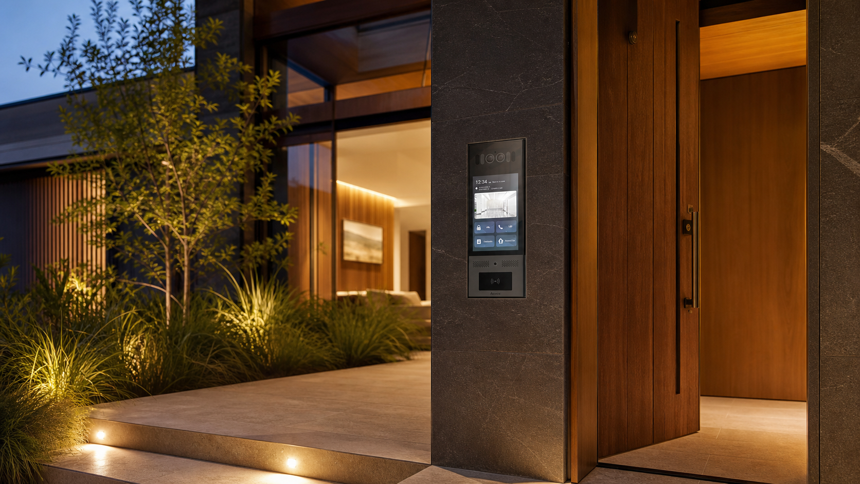 Modern residential entrance with an Akuvox X915 door phone