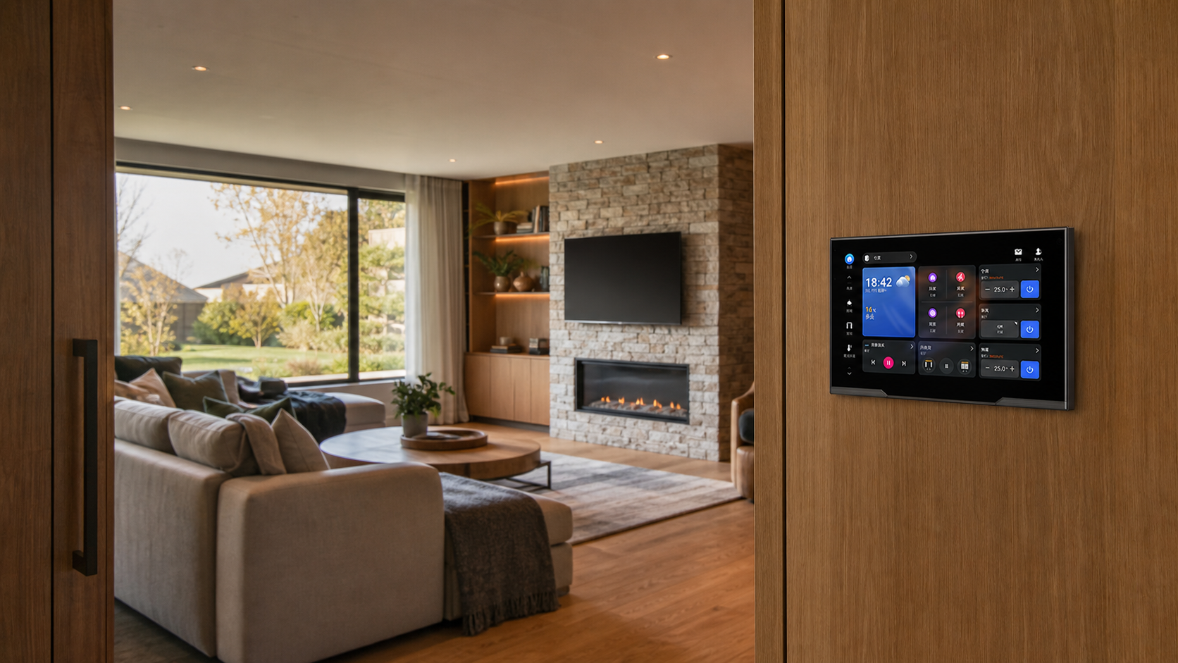 Contemporary living room with an Akubela HyPanel Supreme installed on the wall