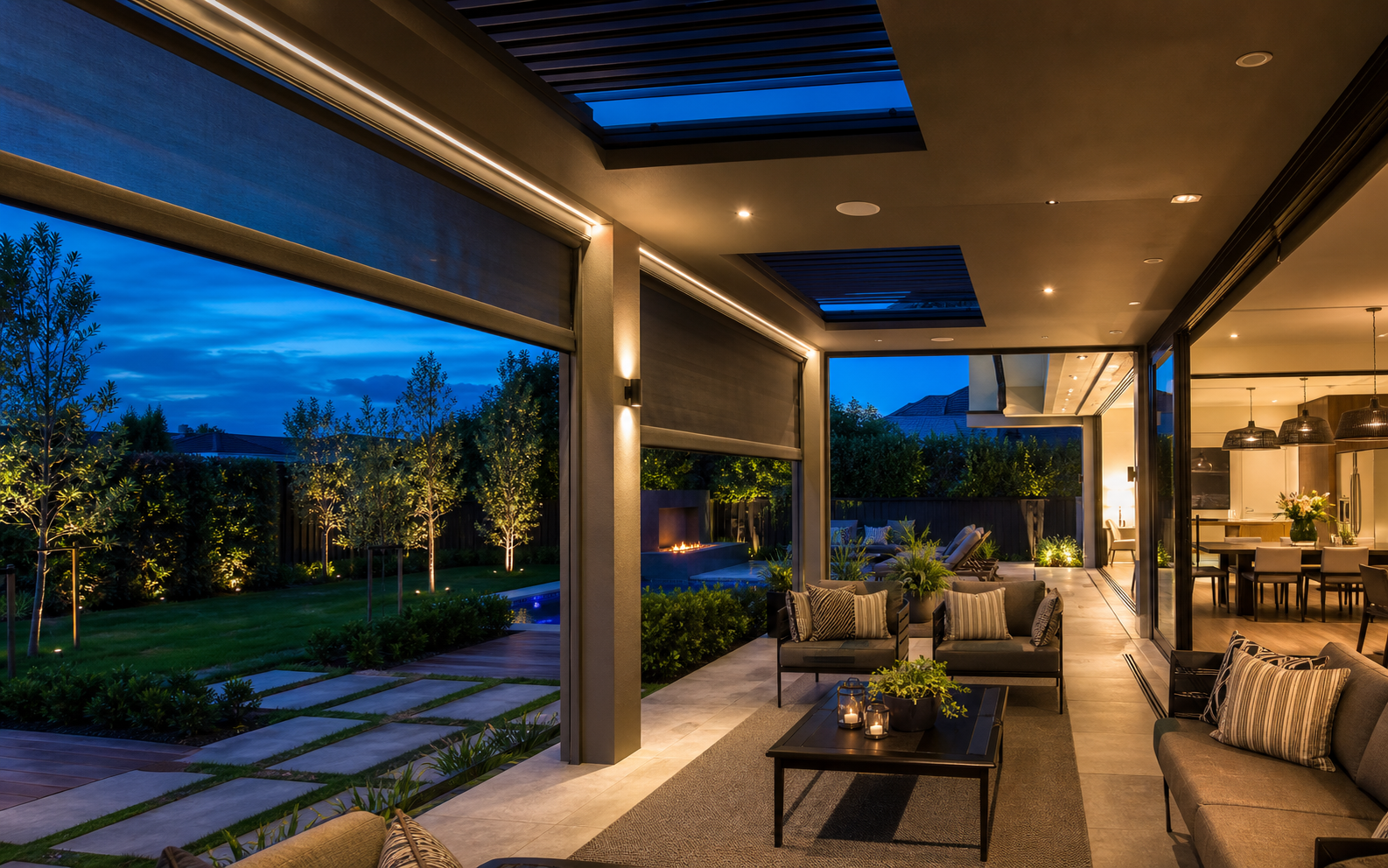 Contemporary covered outdoor living area with architectural lighting and motorised blinds