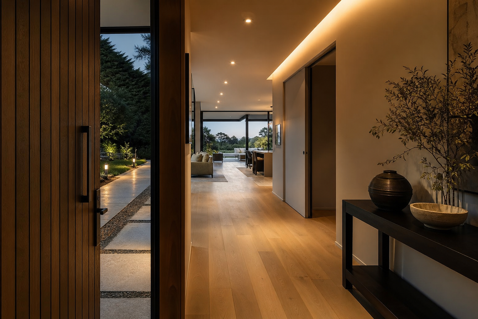 Warmly illuminated home entrance in arrival mode